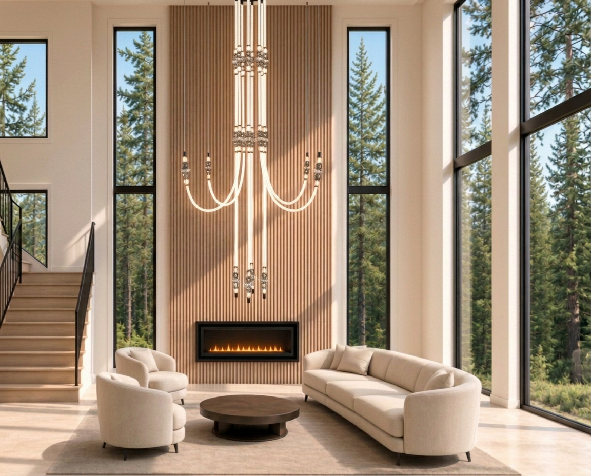 Double-height living room with fluted oak feature wall, linear fireplace and cascading chandelier